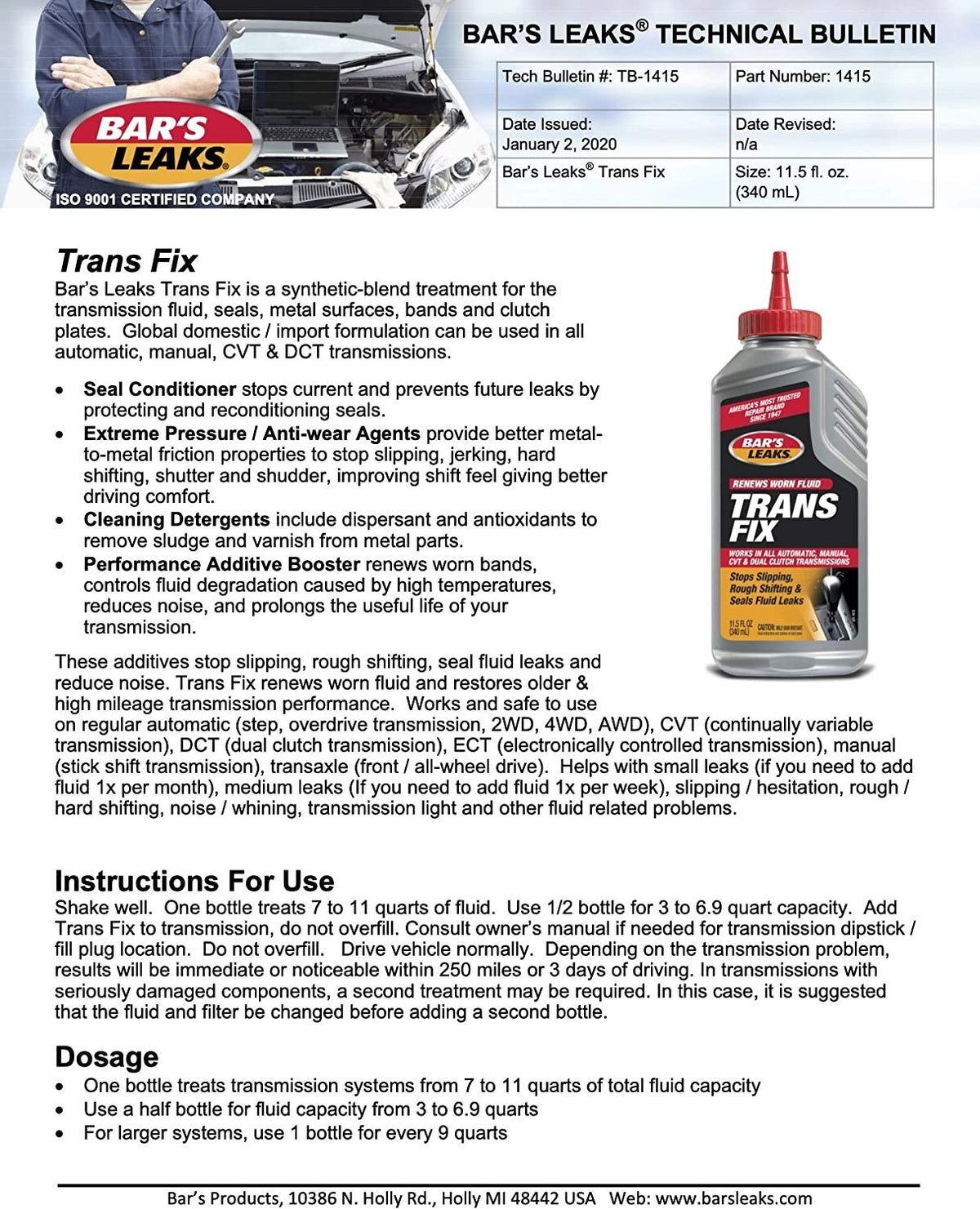 Bar's Leaks Trans Fix Transmission Leaks Repair for Automatic and CVT use