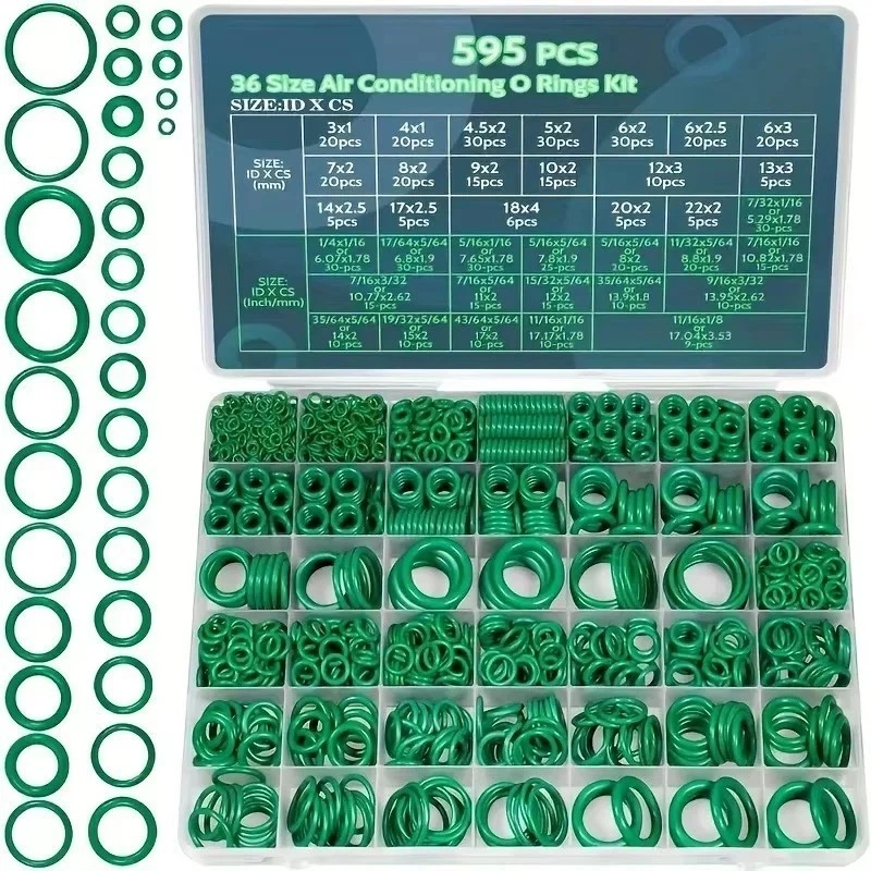 595 Pcs Automotive AC O Rings Kit, SAE and Metric Air Conditioning Orings Assort