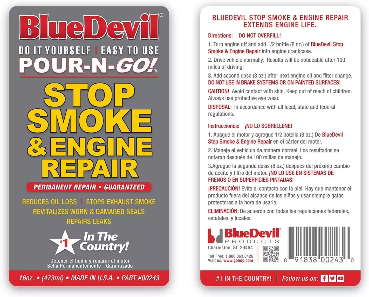 BlueDevil Stop Smoke & Engine Repair Additive 16Oz Blue Devil Made In USA